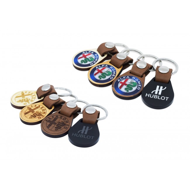 Promotional Deluxe Round Shape Keyring In Either Wood Or Acrylic With A Leather Strap