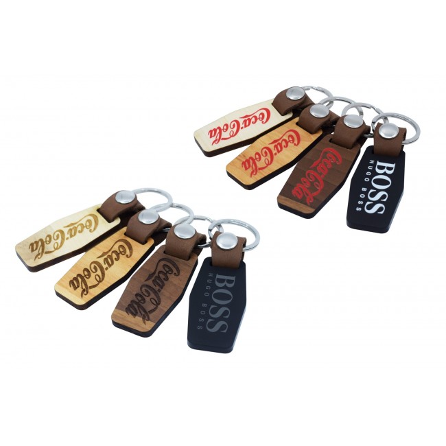 Promotional Deluxe Rectangular Shape Keyring In Either Wood Or Acrylic With A Leather Strap