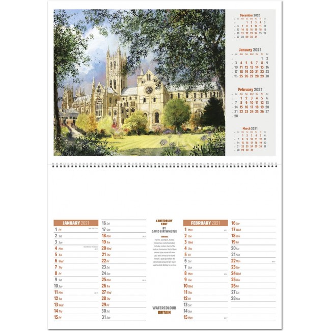 Promotional Watercolour Britain Central Spiral Wall Calendar