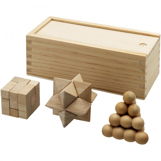 Promotional Brainiac 3-piece wooden brain teaser set