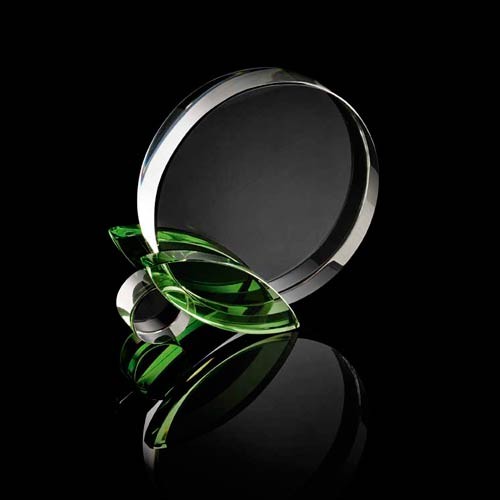 Promotional Chunky Round Crystal Award With Green Leaf Stand