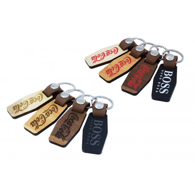 Promotional Deluxe Bespoke Shape Keyring In Either Wood Or Acrylic With A Leather Strap