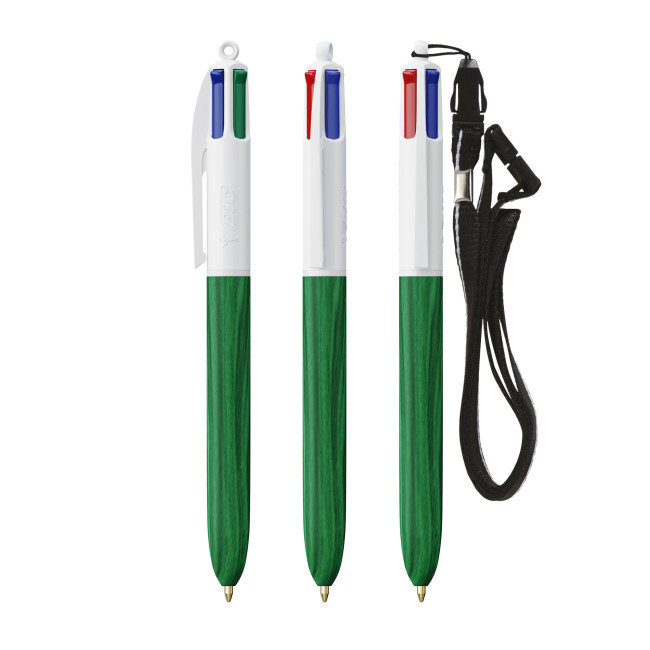 Promotional BIC 4 Colours Wood Style Ballpen With Lanyard Screen Printing - Image 2