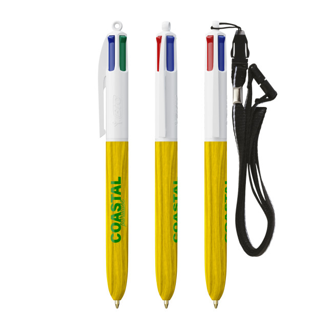 Promotional BIC 4 Colours Wood Style Ballpen With Lanyard Screen Printing - Image 1