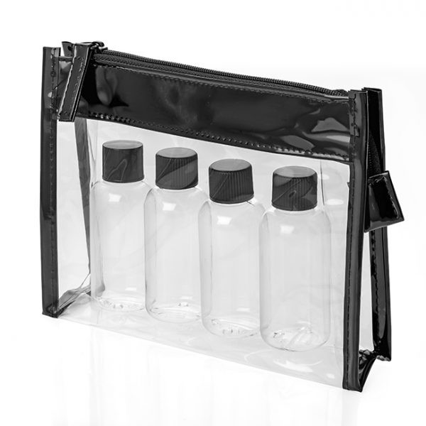 Promotional 5 piece Travel Set in a Black/Clear Zippered Bag