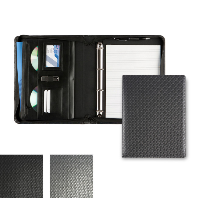 Promotional Carbon Fibre Textured PU Deluxe Zipped Ring Binder