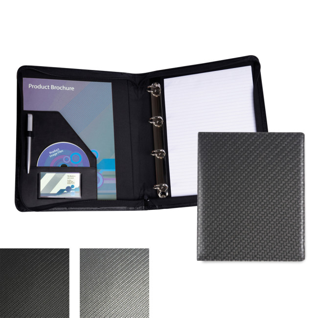 Promotional Carbon Fibre Textured PU Zipped A4 Ring Binder - Image 2