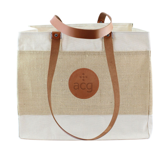 Promotional Deluxe Jute & Cotton Tote Bag With Chelsea Leather Handles