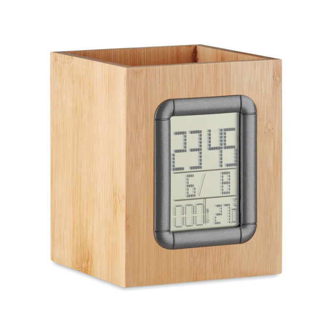 Promotional Bamboo Pen Holder And Lcd Clock