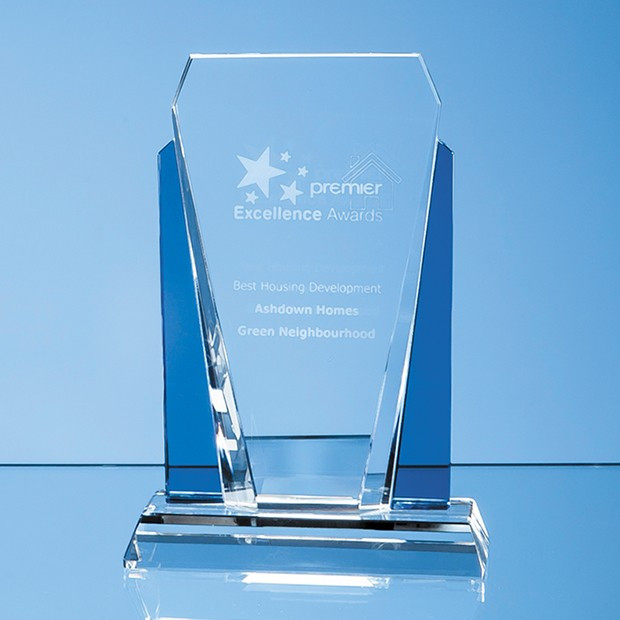 Promotional 17.5cm Clear & Sapphire Blue Optical Crystal Sentinel Award