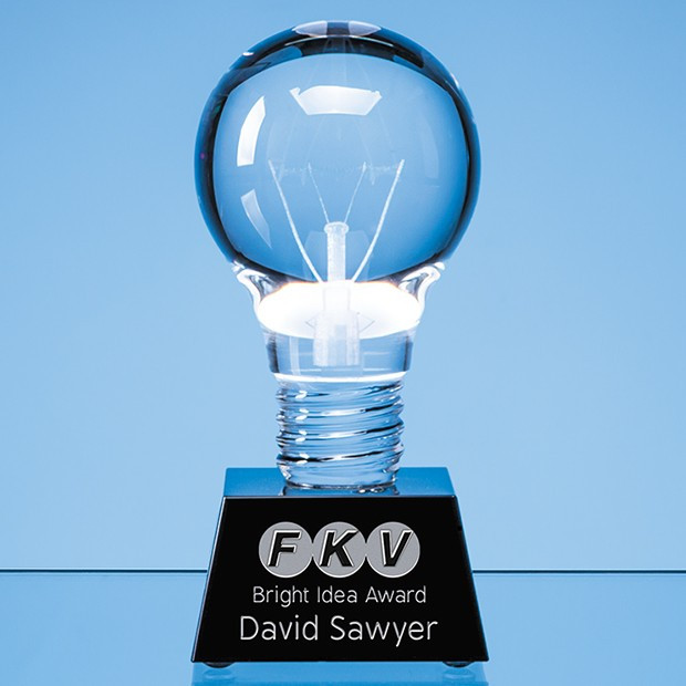 Promotional 6.5cm Dia Optical Crystal Lightbulb Award Mounted on an Onyx Black Crystal Base