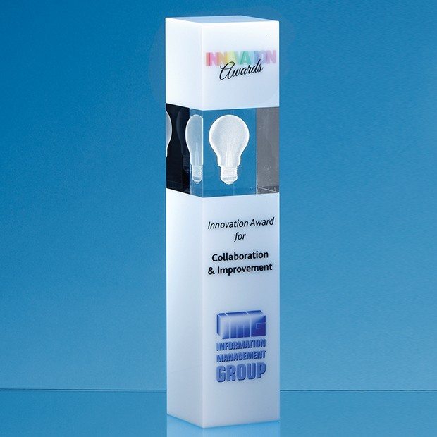 Promotional 24cm Clear & White Optical Crystal Square Column Award