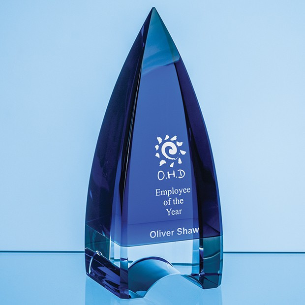 Promotional 18cm Cobalt Blue & Clear Optical Crystal Pinnacle Award