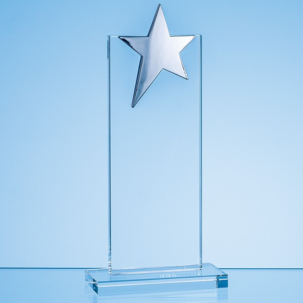 Promotional 21.5cm Optical Crystal Mounted Rectangle with Silver Star