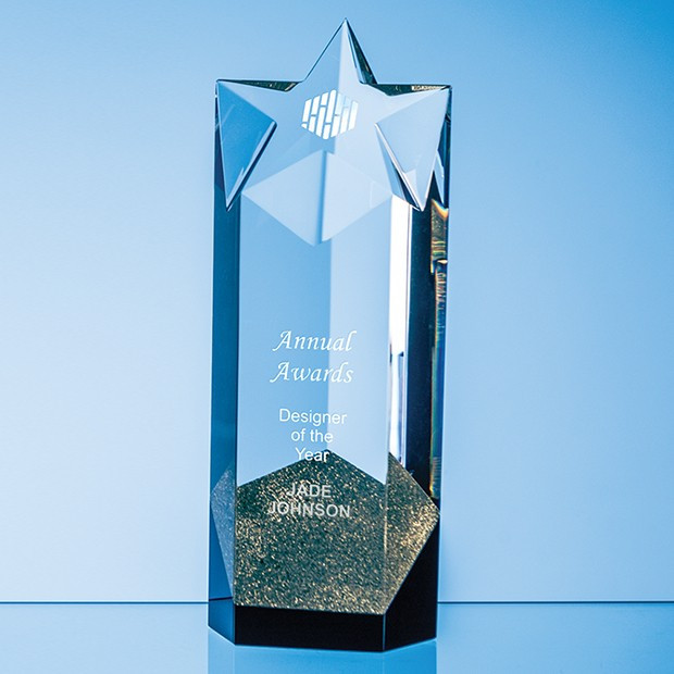 Promotional 24cm Sparkling Gold Optical Crystal Star Column Award