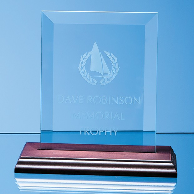 Promotional 15cm x 10cm x 5mm Jade Glass Bevelled Rectangle on Wood Base