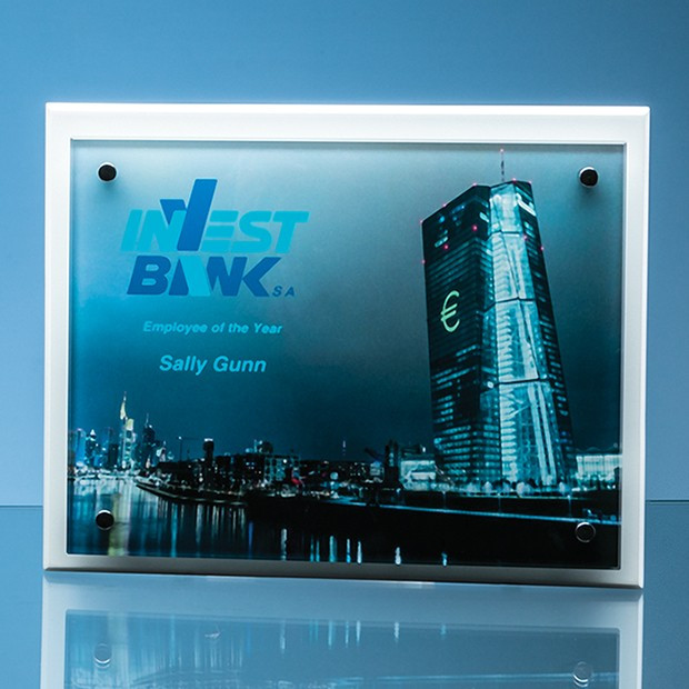 Promotional 17.5cm x 22.5cm x 5mm Clear Glass Rectangle mounted on a 17mm Thick White Wood Plaque