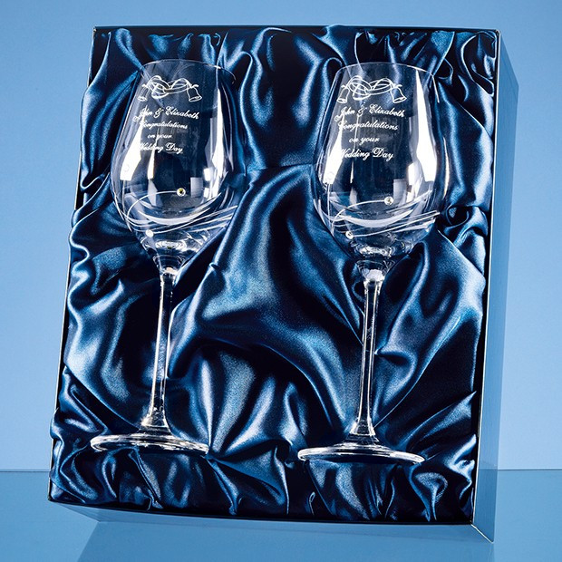 Promotional 2 Diamante Wine Glasses with Elegance Spiral Cutting in an attractive Gift Box