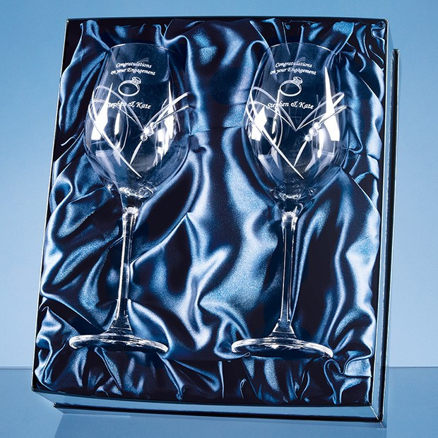 Promotional 2 Diamante Wine Glasses with Heart Shaped Cutting in an attractive Gift Box