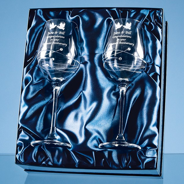 Promotional 2 Diamante Wine Glasses with Spiral Design Cutting in an attractive Gift Box