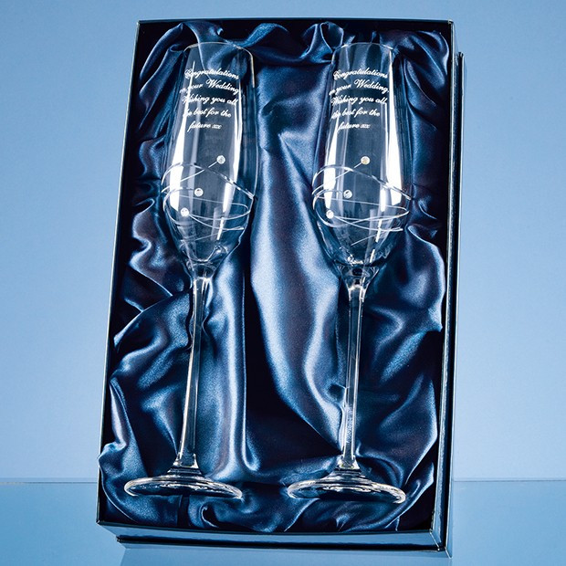 Promotional 2 Diamante Champagne Flutes with Spiral Design Cutting in an attractive Gift Box