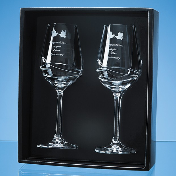 Promotional 2 Diamante Wine Glasses with Modena Spiral Cutting in an attractive Gift Box