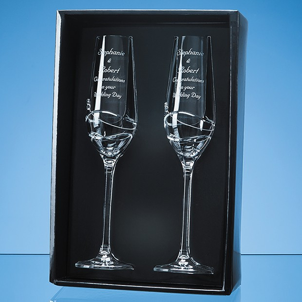 Promotional 2 Diamante Champagne Flutes with Modena Spiral Cutting in an attractive Gift Box