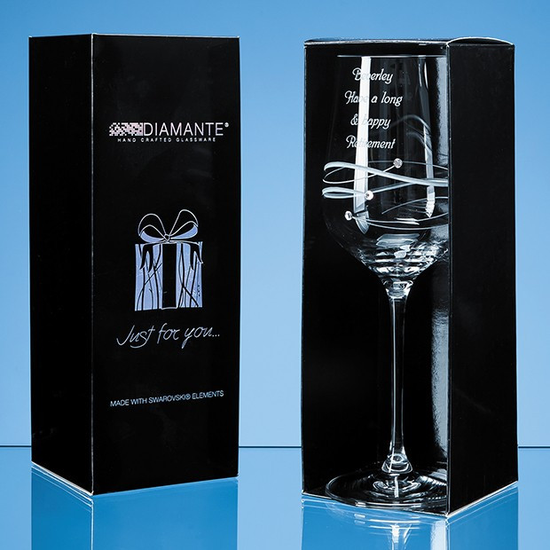 Promotional Just For You' Diamante Wine Glass with Spiral Design Cutting in an attractive Gift Box