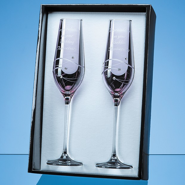 Promotional 2 Pink Diamante Champagne Flutes with Spiral Design Cutting in an attractive Gift Box