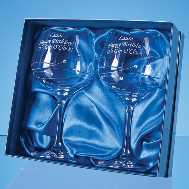 Promotional 2 Diamante Gin Glasses with Spiral Design Cutting in an attractive Gift Box