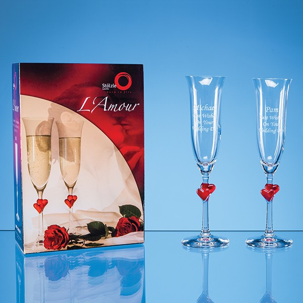 Promotional 2 L'Amour Red Heart Champagne Flutes in an attractive Gift Box