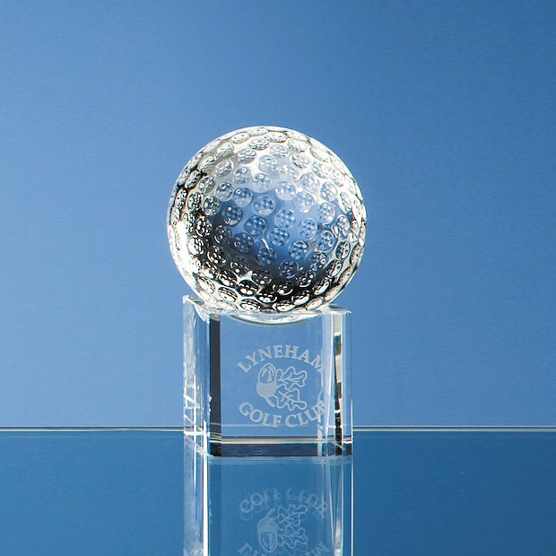 Promotional 5cm Optical Crystal Golf Ball on a Clear Crystal Base