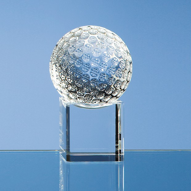 Promotional 6cm Optical Crystal Golf Ball on a Clear Crystal Base