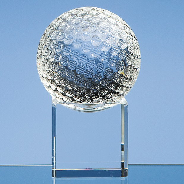 Promotional 8cm Optical Crystal Golf Ball on a Clear Crystal Base