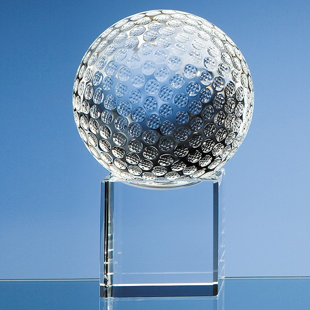 Promotional 10cm Optical Crystal Golf Ball on a Clear Crystal Base