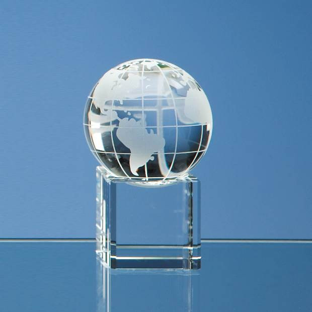 Promotional 5cm Optical Crystal Globe on a Clear Crystal Base