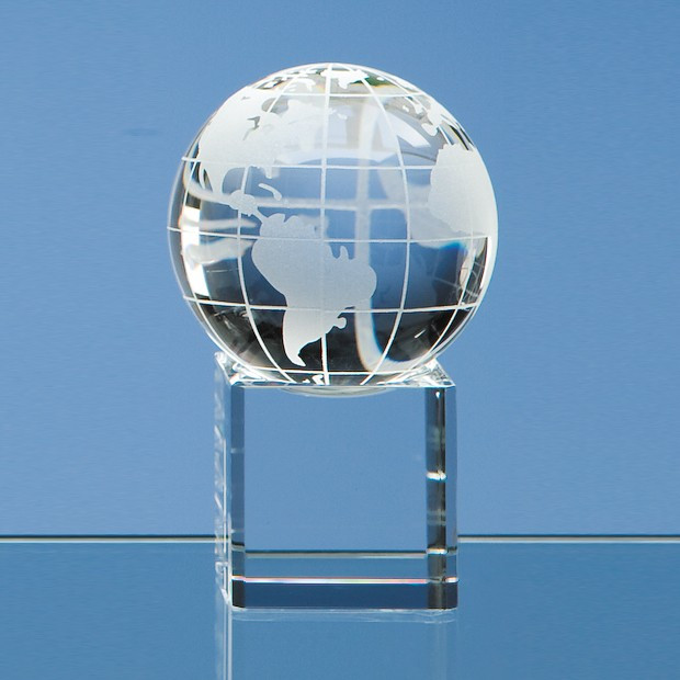 Promotional 6cm Optical Crystal Globe on a Clear Crystal Base