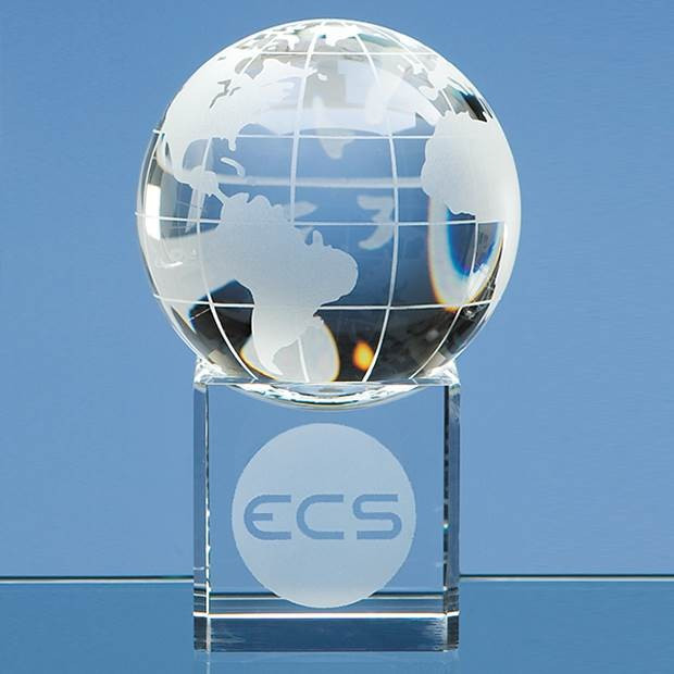 Promotional 8cm Optical Crystal Globe on a Clear Crystal Base