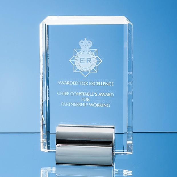 Promotional 15cm Optical Crystal Rectangle mounted on a Chrome Stand