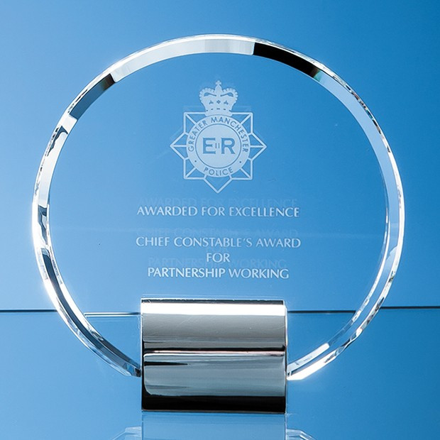 Promotional 14cm Optical Crystal Circle mounted on a Chrome Stand