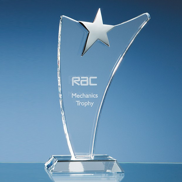 Promotional 25cm Optical Crystal Swoop Award with Silver Star