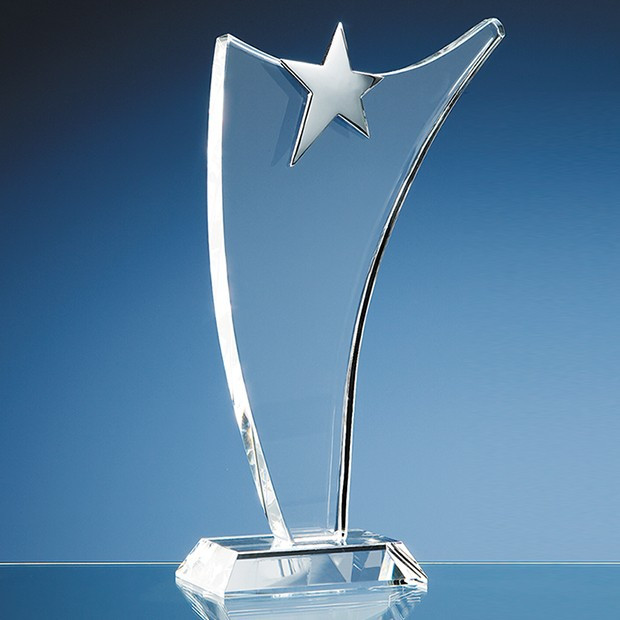 Promotional 30cm Optical Crystal Swoop Award with Silver Star