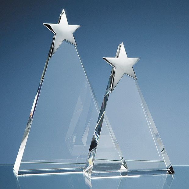 Promotional 20cm Optical Crystal Triangle Award with Silver Star