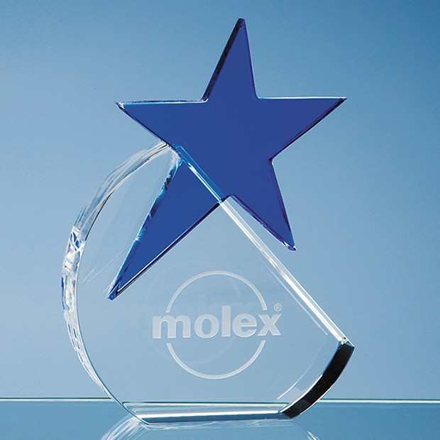 Promotional 15cm Optical Crystal Circle with a Cobalt Blue Star Award