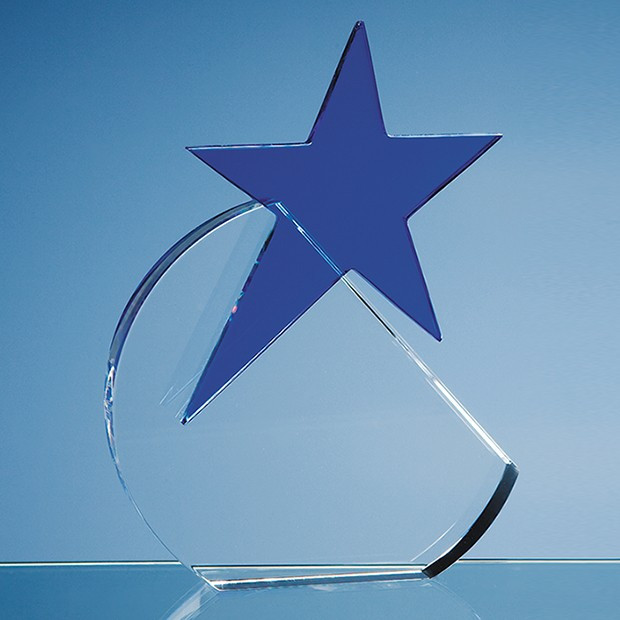 Promotional 17.5cm Optical Crystal Circle with a Cobalt Blue Star Award