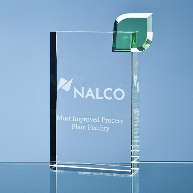 Promotional 17cm Optical Crystal 'Eco Excellence' Award with a Single Green Leaf