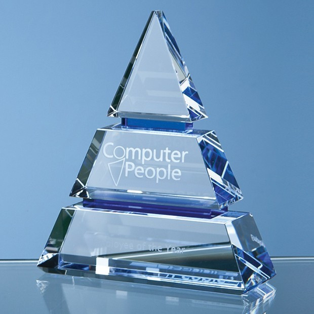 Promotional 15cm Clear Optical Crystal Luxor Award with 2 Cobalt Blue Lines