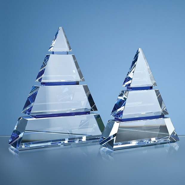 Promotional 18.5cm Clear Optical Crystal Luxor Award with 2 Cobalt Blue Lines