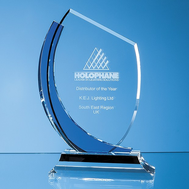 Promotional 20cm Optical Crystal Slope Award with Sapphire Blue Curve