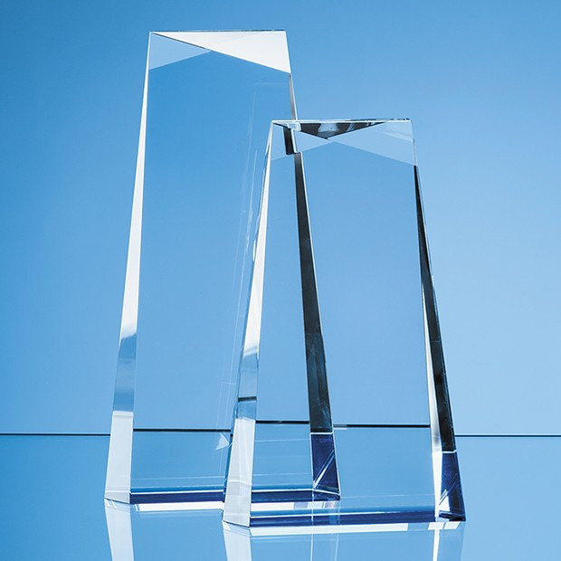 Promotional 23cm Optical Crystal Facet Top Tapered Rectangle with a Cobalt Blue Base